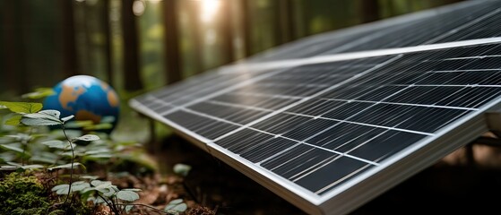 Solar panel system in forest during sunrise with green plants around and earth globe in background promoting the idea of green energy and sustainability