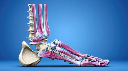Anatomical illustration of the human foot and ankle bones and muscles.