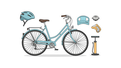 Bicycle with accessories in detailed flat style for cycling enthusiasts