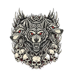 Multi Headed Wolf Crest With Skulls Illustration.