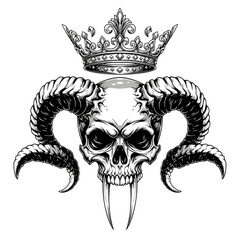 Skull with Crown and Ram Horns Illustration.