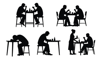 Silhouettes of people dining alone and together in restaurant