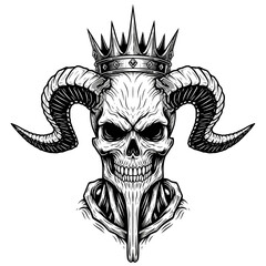 Skull with crown and ram horns illustration.
