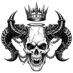 Skull with horns crowned graphic symbol.