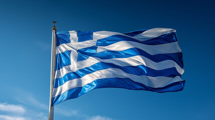 Greece National Flag Waving in the Wind Against Clear Blue Sky, Symbol of European Heritage, Democracy, Freedom and National Pride