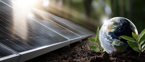 Photovoltaic panels among trees with green plants and an earth globe under sunlight rays in a forest setting