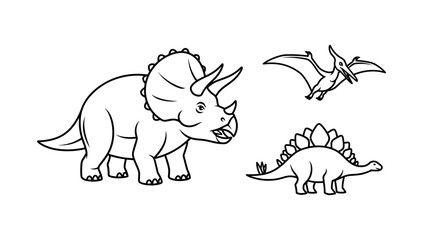 Fototapeta premium Black and white dinosaur sketches featuring triceratops, pterodactyl, and stegosaurus