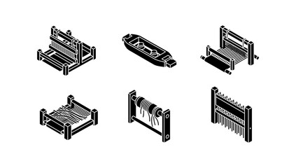 Isometric loom collection: diverse black and white weaving machines