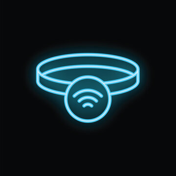 Blue glowing neon icon of a smart tracker collar for pets with a wifi symbol, isolated on a black background