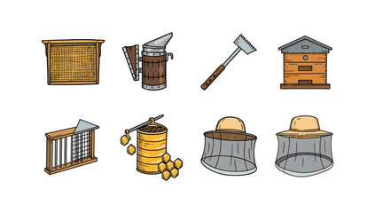 Beekeeping tools and equipment collection: colorful set of vintage apiculture supplies