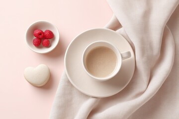 White coffee cup with a heart shaped pastry on top of it. Valentines day.