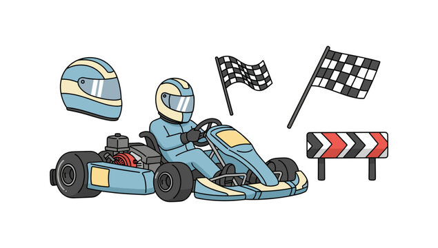 Cartoon racing set: go-kart, helmets, flags, and track marks - Powered by Adobe