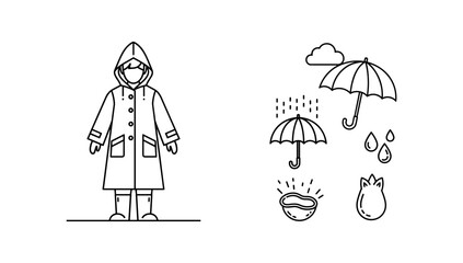 Linear design of rainy weather elements and person in raincoat with umbrellas and raindrops