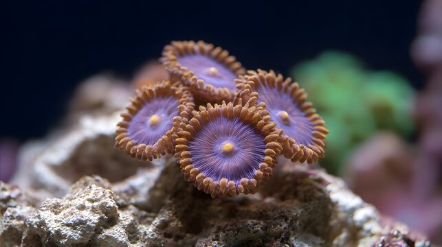 Vibrant purple and orange zoanthid polyps clustered on a reef rock in a marine aquarium
