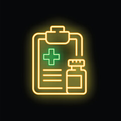 Obraz premium Neon sign showing a medical prescription with a clipboard and pills