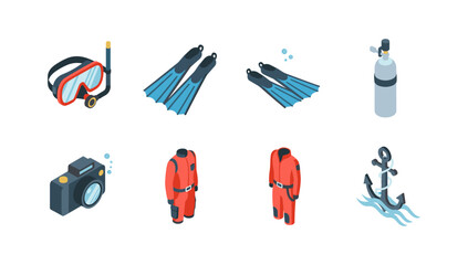 Isometric diving gear and equipment collection for adventure enthusiasts