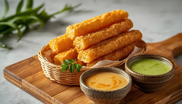 Crispy Fried Dough Sticks With Dipping Sauces Traditional Asian Snack