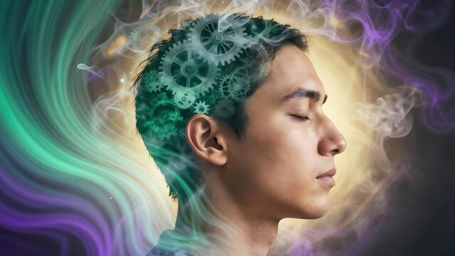 Steampunk-style Human-Brain meditation profile - Powered by Adobe