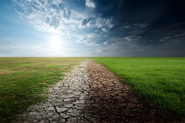 Split image of dry cracked land and lush green field under the same sky, climate change concept