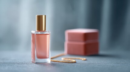 Bottle of perfume is on a table next to a pink soap and a pink box. Valentines day.