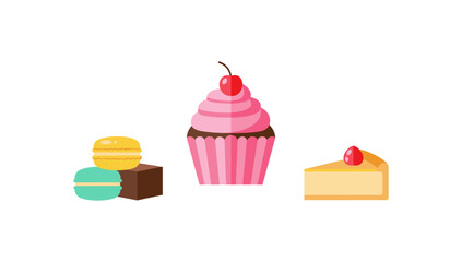 Sweet dessert trio: cupcake, macarons, and cheesecake in colorful flat design