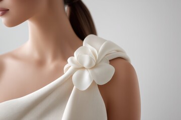 Woman is wearing a white dress with a flower on the back