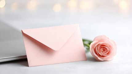 Pink envelope sits on a table next to a pink rose. Valentines day.