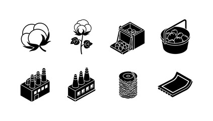 Cotton industry icons: factories, plants, and processing silhouettes