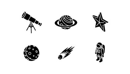Space icons set: telescope, astronaut, planets, star, comet in black silhouette