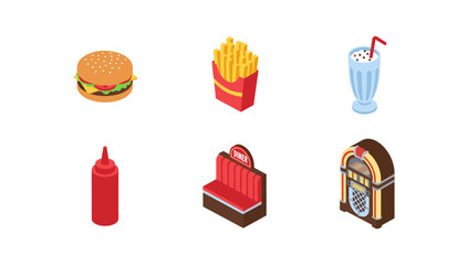 Retro diner essentials: isometric fast food and classic entertainment collection
