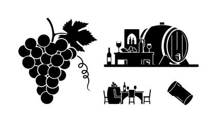 Silhouette winery elements: grapes, barrel, and wine tasting scene illustration