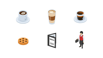 Isometric caf&eacute; elements: coffee, pastry, menu, waiter in modern style