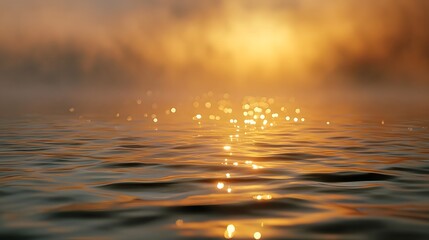 Serene golden hour light shimmering on tranquil water surface with atmospheric mist in the background