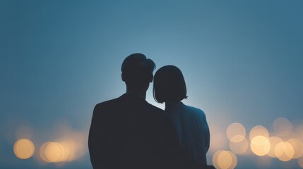 Couple is standing together in the dark, silhouetted against the sky