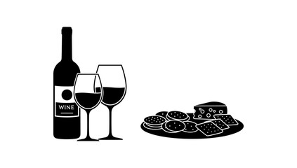 Elegant black and white wine and cheese silhouette with glasses and snacks