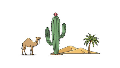Desert oasis with camel, cactus, and palm trees on sandy dunes