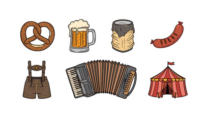 Oktoberfest icons: beer, pretzel, sausage, and more in festive linear style
