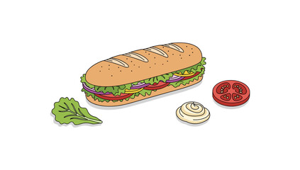 Delicious sandwich with fresh vegetables and mayonnaise on white background