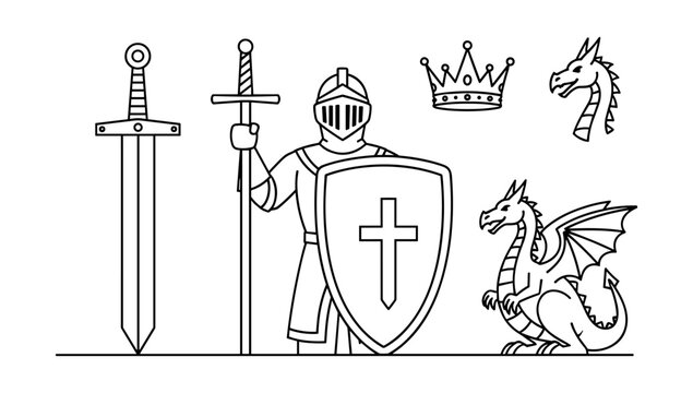 Medieval knight with dragon and sword in minimalist linear design