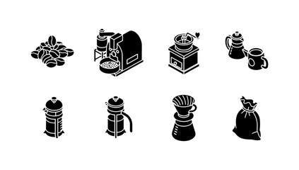 Coffee preparation tools isometric collection: grinder, french press, espresso machine