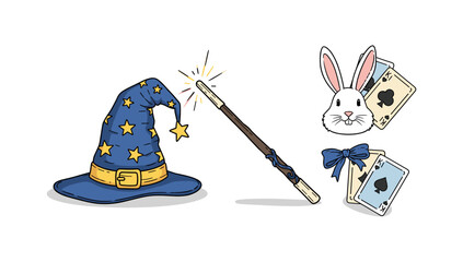 Magic hat and wand with rabbit and cards on white background