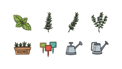 Herb garden elements in hand-drawn style: plants, markers, and watering tools