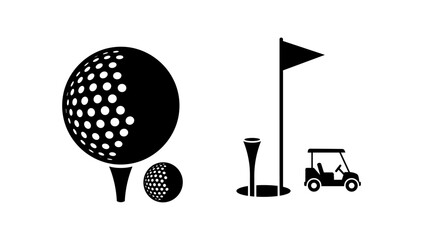 Golf equipment and course icons: stylish silhouette designs in black and white