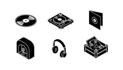 Isometric retro music icons set: vinyl, turntable, headphones, radio, record case