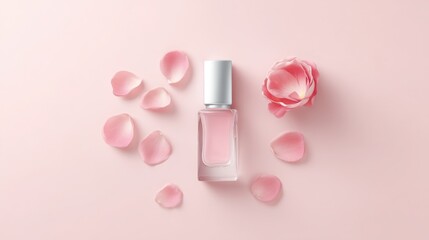 Bottle of perfume is surrounded by pink rose petals. Valentines day.
