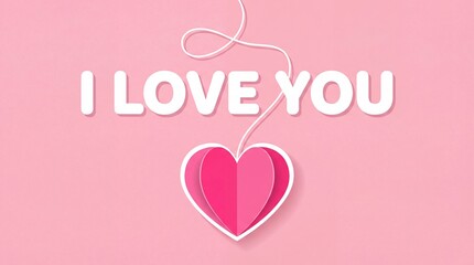 Pink paper cut heart hanging on string, 3d layered love symbol with typography, valentine day romantic greeting card background, pastel minimalist art.