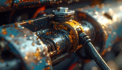 Close Up Macro Of Oily Rusty Metal Mechanical Parts In Sunlight With Visible Bolts And Tubes