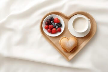 Tray of food with a heart shape and a cup of coffee. Valentines day.
