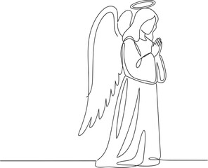 Fototapeta premium Angel praying with hands together in continuous line art style on white background