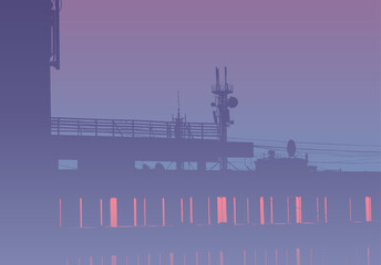 Obraz premium Vaporwave styled evening in blue and pink colors. Urban building silhouette on smoked sky above residential rooftop